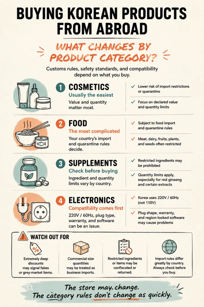 Infographic comparing import considerations for Korean cosmetics, food, supplements, and electronics