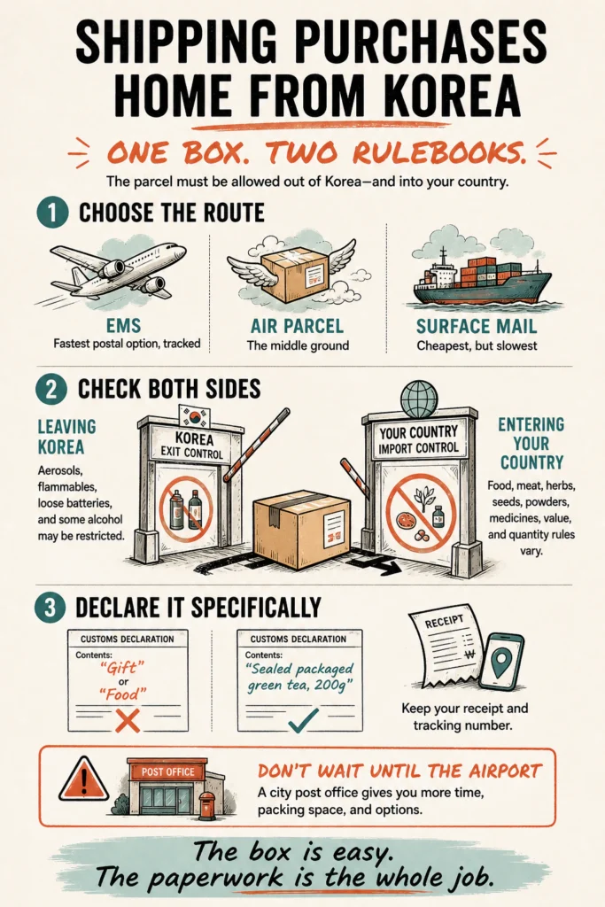 Infographic showing shipping options and customs checks for sending purchases home from Korea