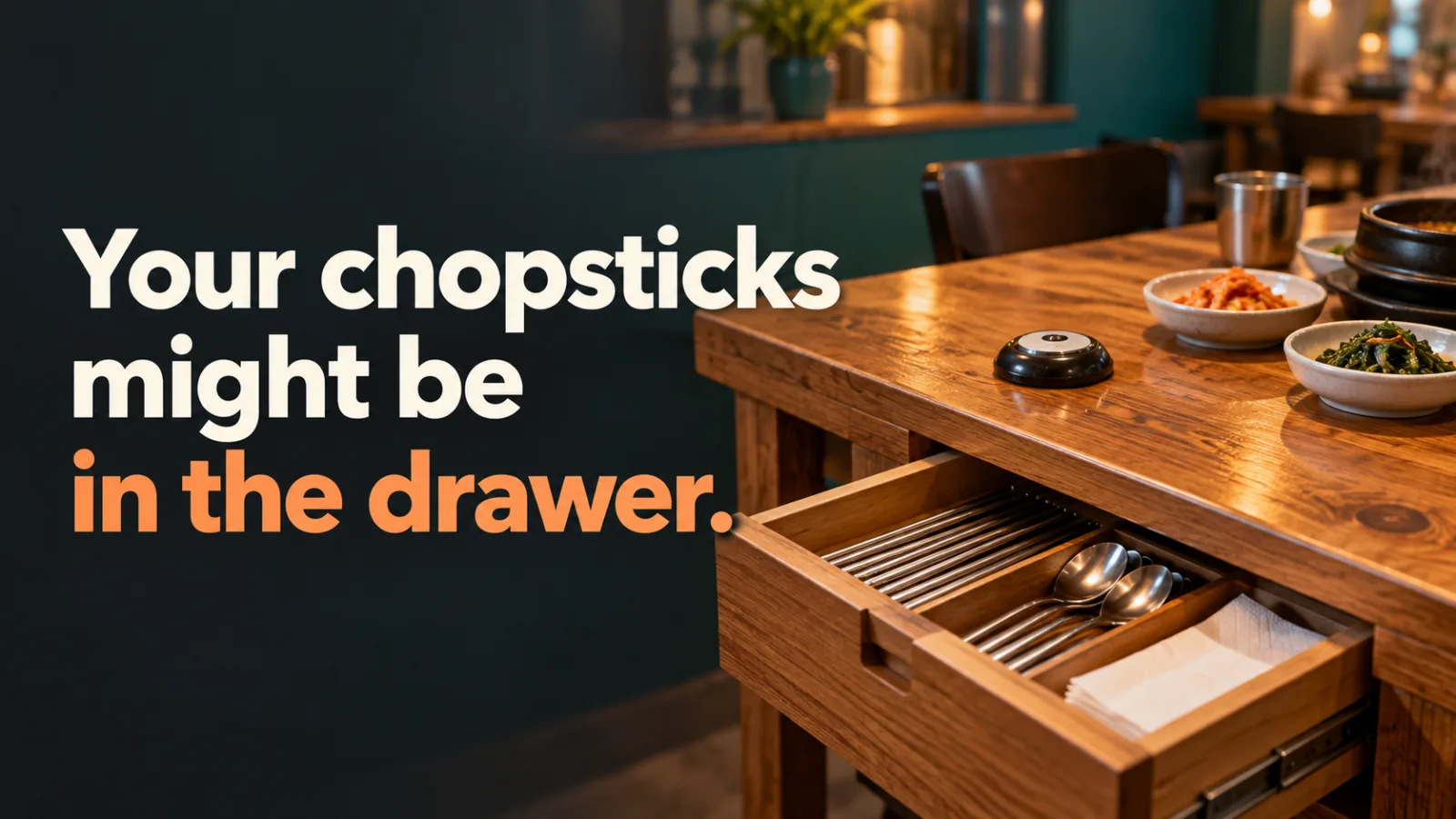 Illustration of a Korean restaurant utensil drawer. Text: Your chopsticks might be in the drawer.
